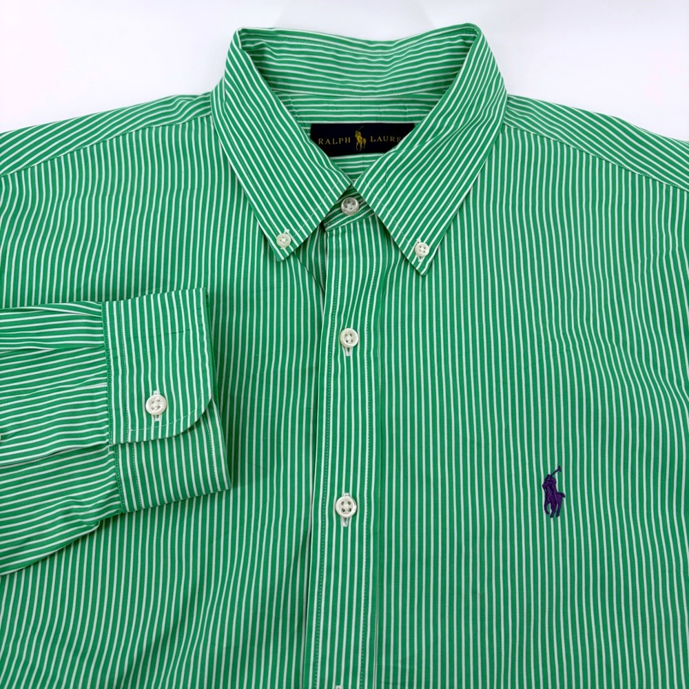 Polo Ralph Lauren Mens Green White Striped Cotton Button Down Shirt Purple Pony